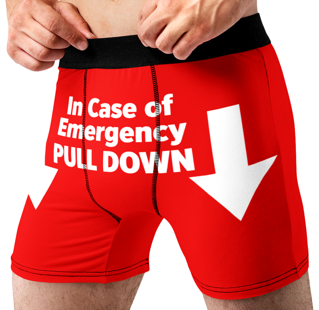 In Case of Emergency Pull Down Funny Men’s Boxer Briefs – Red Novelty Underwear