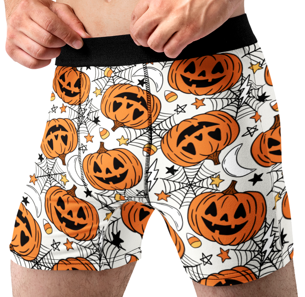 Jack-O’-Lantern Men’s Halloween Boxer Briefs – White Pumpkin Underwear