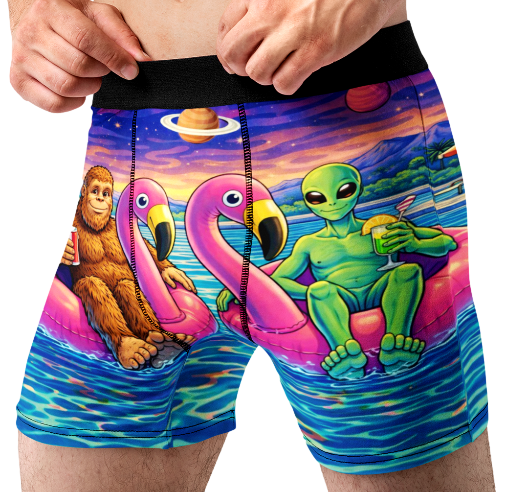 Bigfoot & Alien Pool Party Men’s Boxer Briefs – Funny Flamingo Underwear