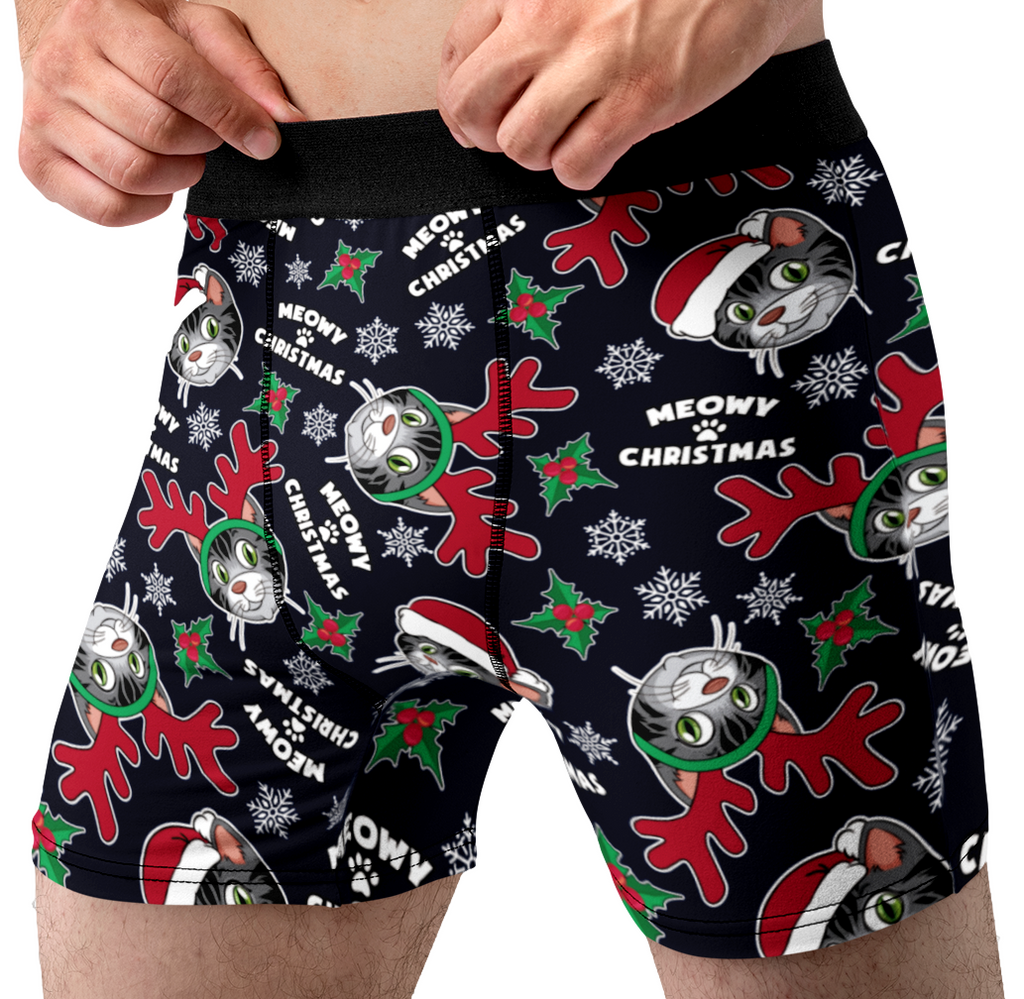 Meowy Christmas Funny Cat Men’s Boxer Briefs – Holiday Cat Underwear