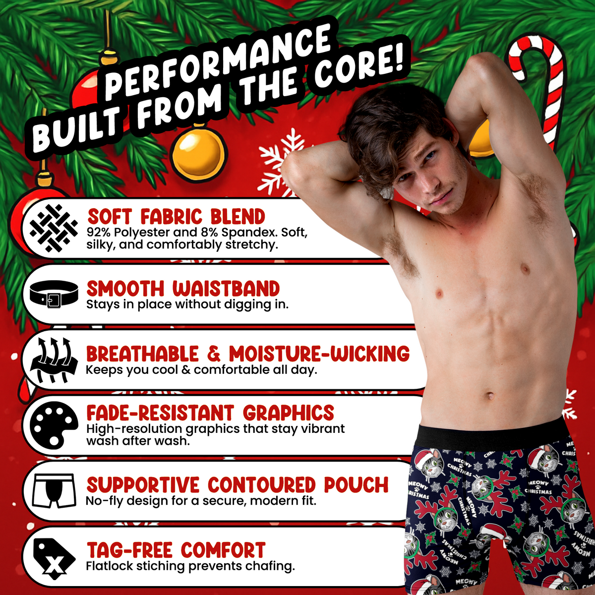 Meowy Christmas Funny Cat Men’s Boxer Briefs – Holiday Cat Underwear