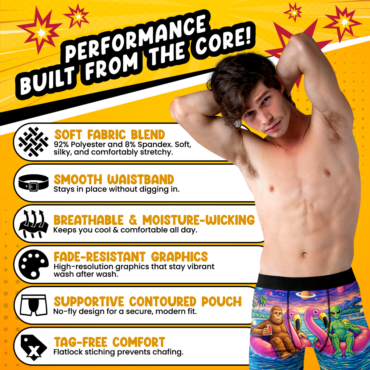 Bigfoot & Alien Pool Party Men’s Boxer Briefs – Funny Flamingo Underwear