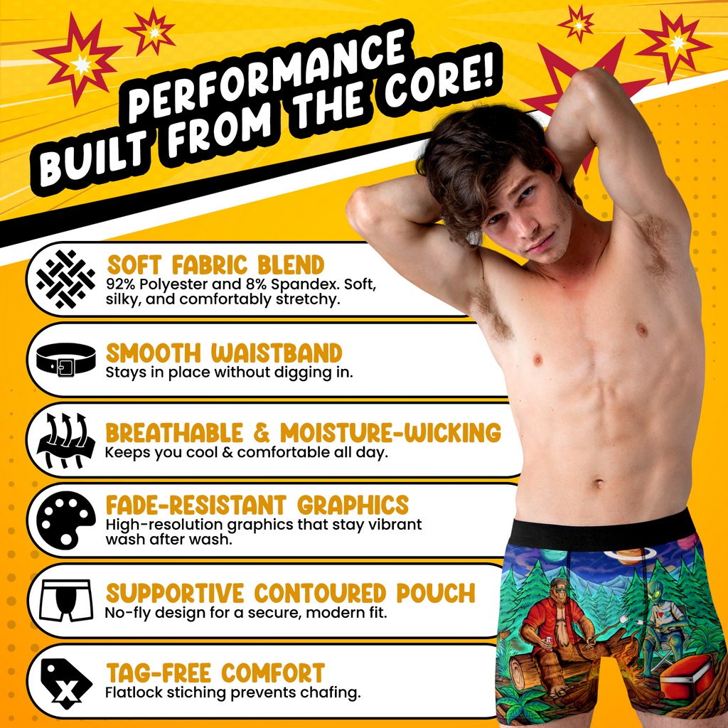 Bigfoot & Alien Campfire Men’s Boxer Briefs – Funny Sasquatch Underwear