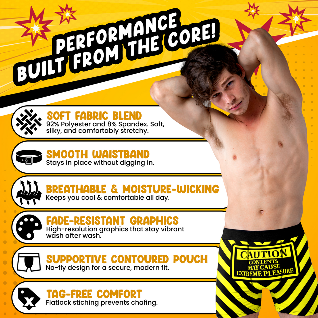 Extreme Pleasure Funny Men’s Boxer Briefs – Caution Warning Underwear