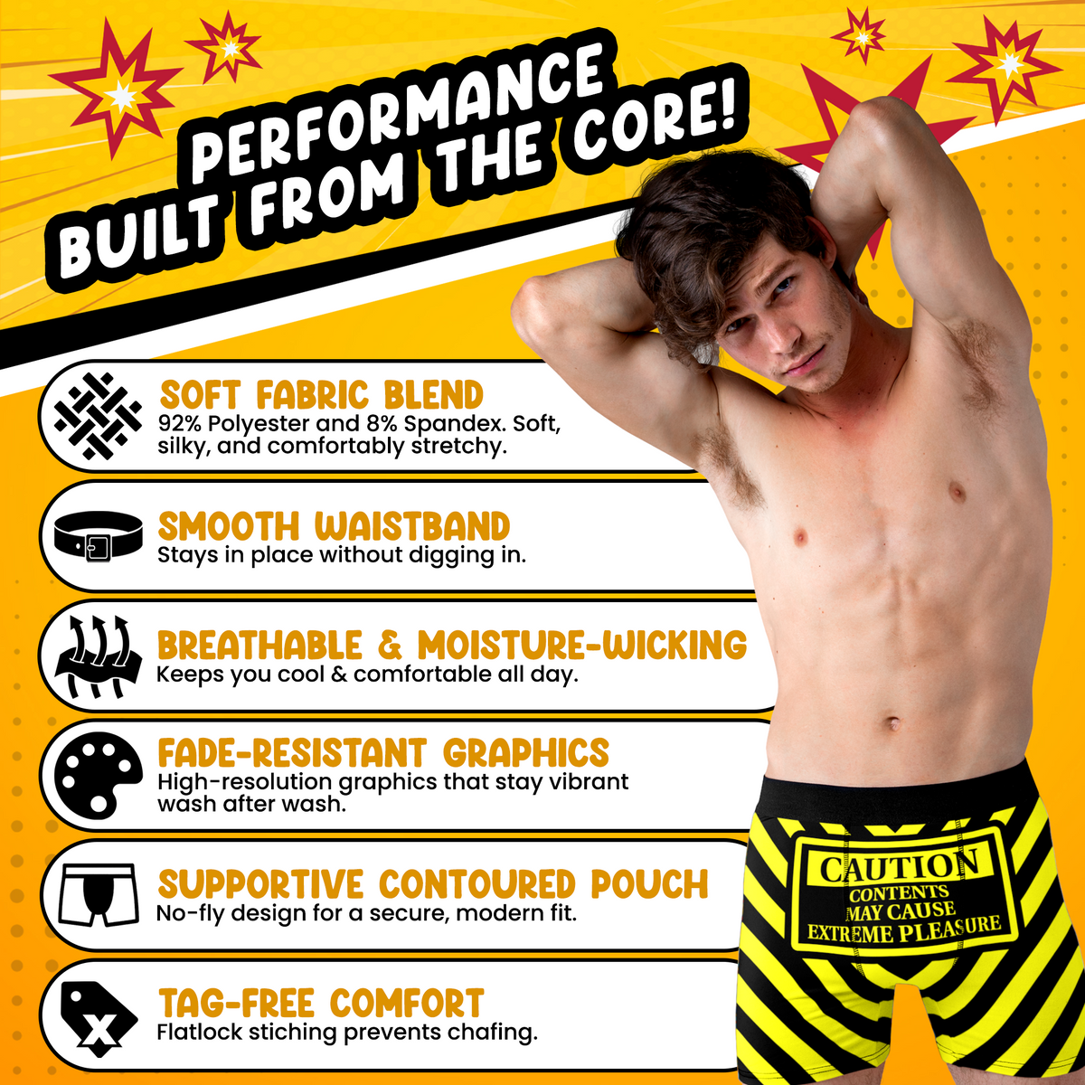 Extreme Pleasure Funny Men’s Boxer Briefs – Caution Warning Underwear
