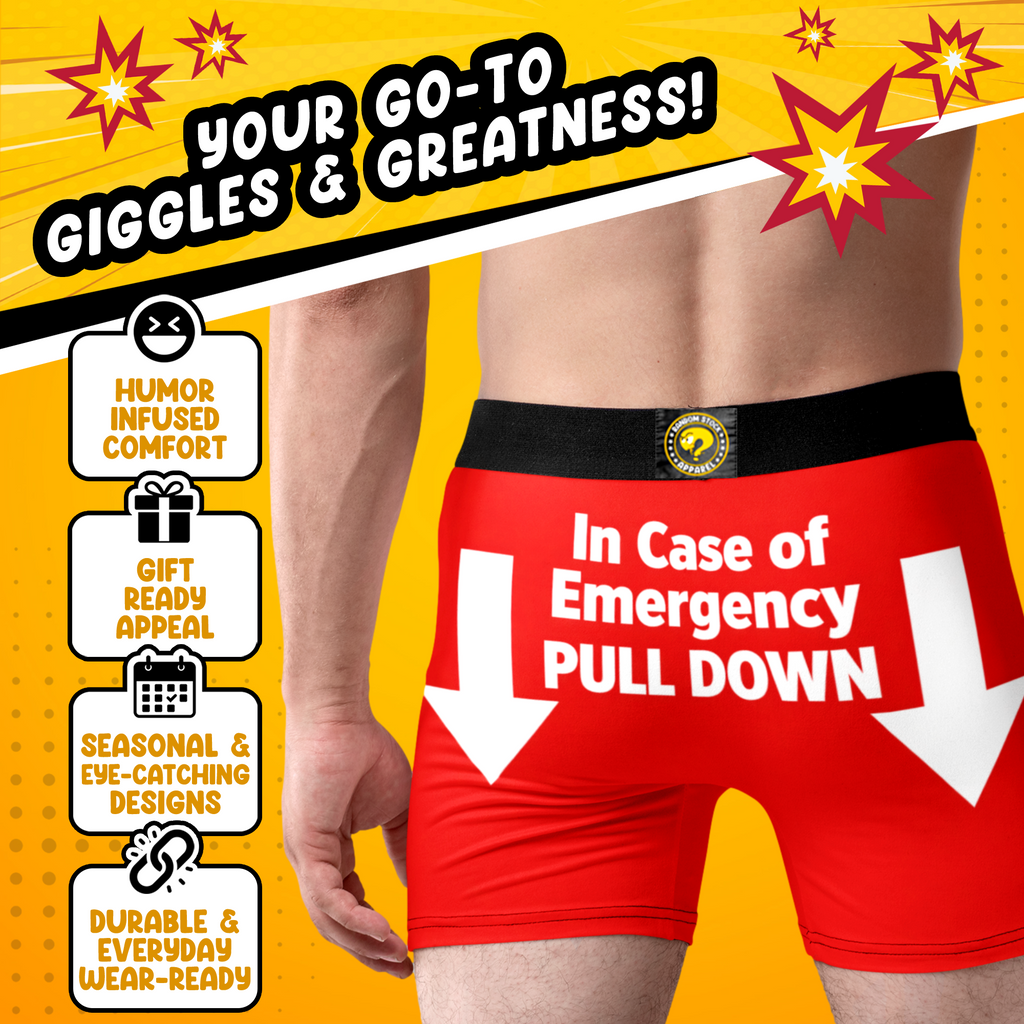 In Case of Emergency Pull Down Funny Men’s Boxer Briefs – Red Novelty Underwear