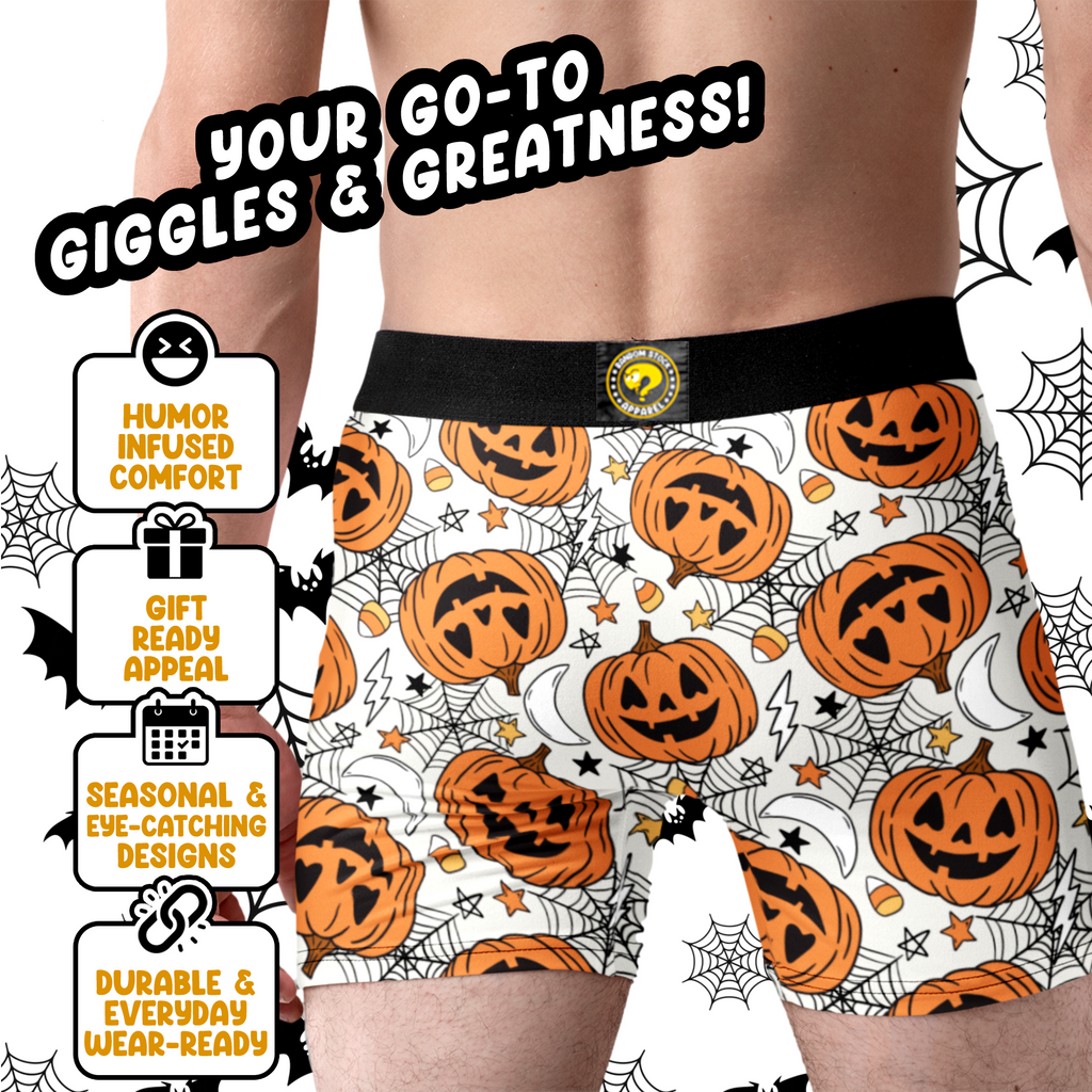 Jack-O’-Lantern Men’s Halloween Boxer Briefs – White Pumpkin Underwear