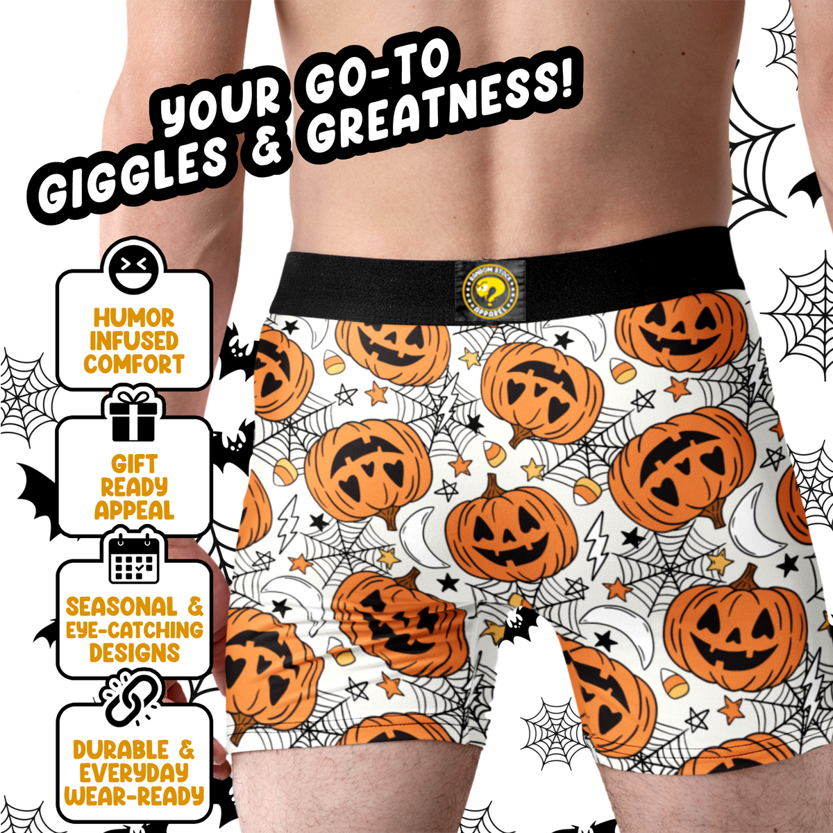 Jack-O’-Lantern Men’s Halloween Boxer Briefs – White Pumpkin Underwear