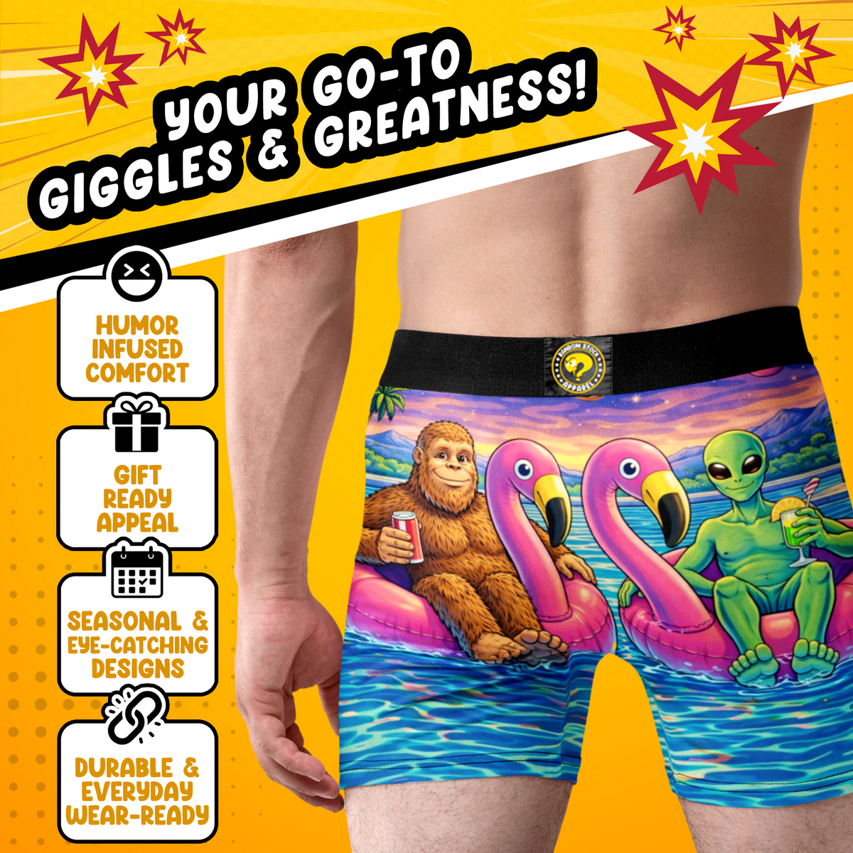 Bigfoot & Alien Pool Party Men’s Boxer Briefs – Funny Flamingo Underwear