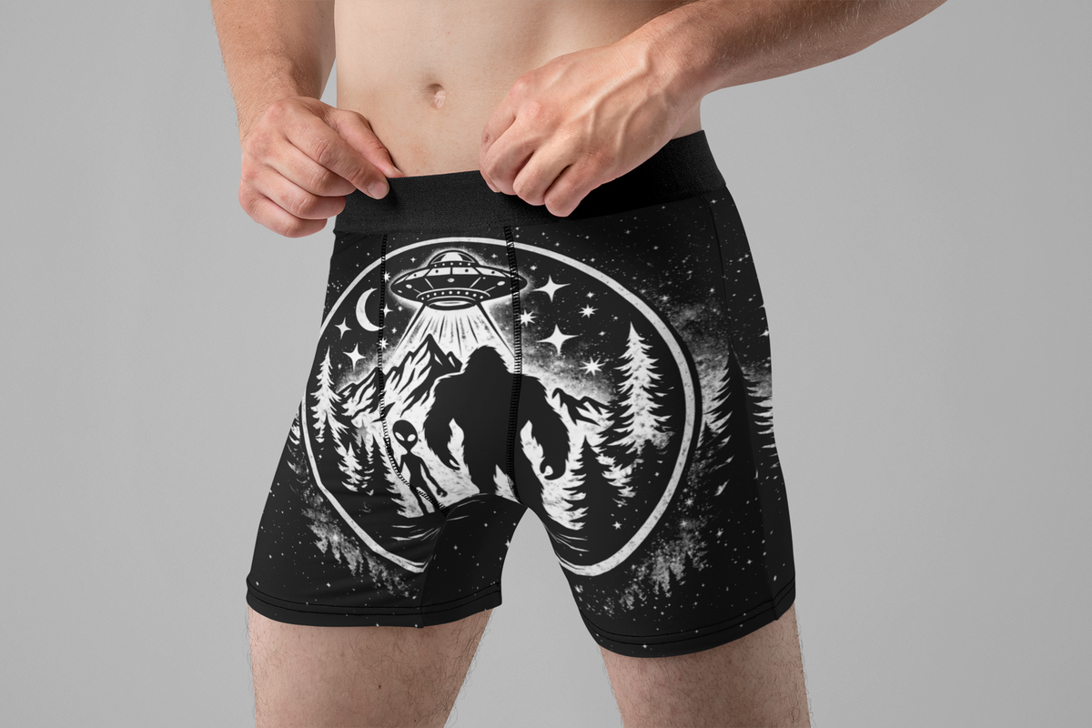 Bigfoot Alien UFO Men’s Boxer Briefs – Cryptid Space Underwear