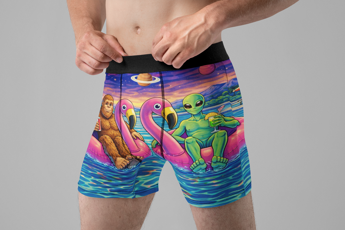Bigfoot & Alien Pool Party Men’s Boxer Briefs – Funny Flamingo Underwear