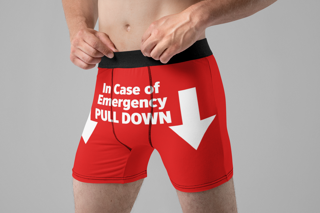 In Case of Emergency Pull Down Funny Men’s Boxer Briefs – Red Novelty Underwear