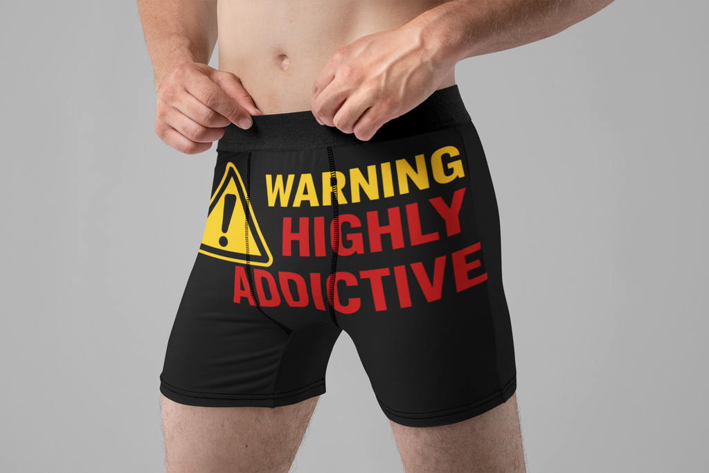 Highly Addictive Funny Men’s Boxer Briefs – Warning Sign Underwear