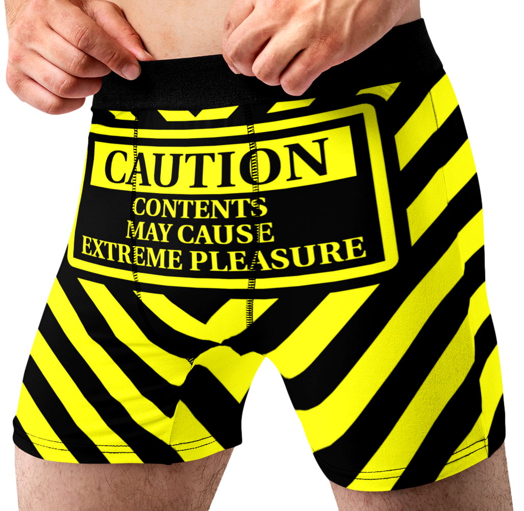 Extreme Pleasure Funny Men’s Boxer Briefs – Caution Warning Underwear