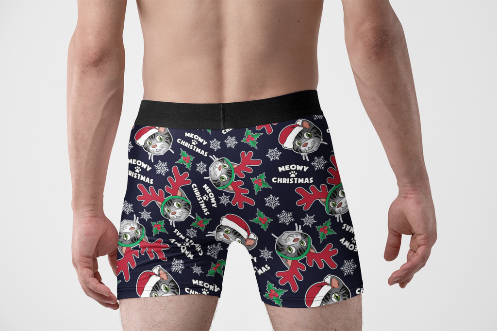 Meowy Christmas Funny Cat Men’s Boxer Briefs – Holiday Cat Underwear