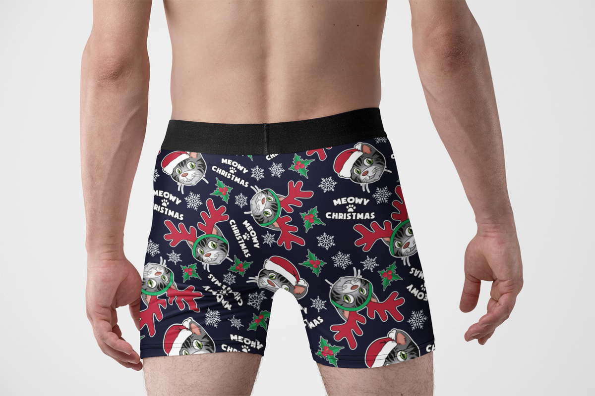 Meowy Christmas Funny Cat Men’s Boxer Briefs – Holiday Cat Underwear