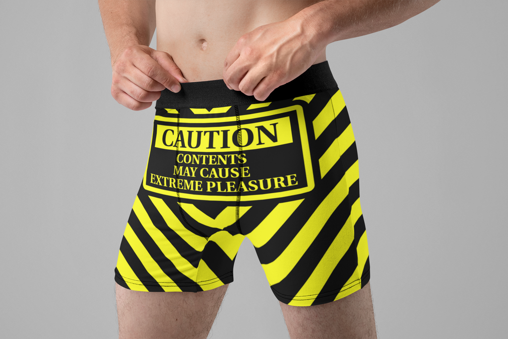 Extreme Pleasure Funny Men’s Boxer Briefs – Caution Warning Underwear
