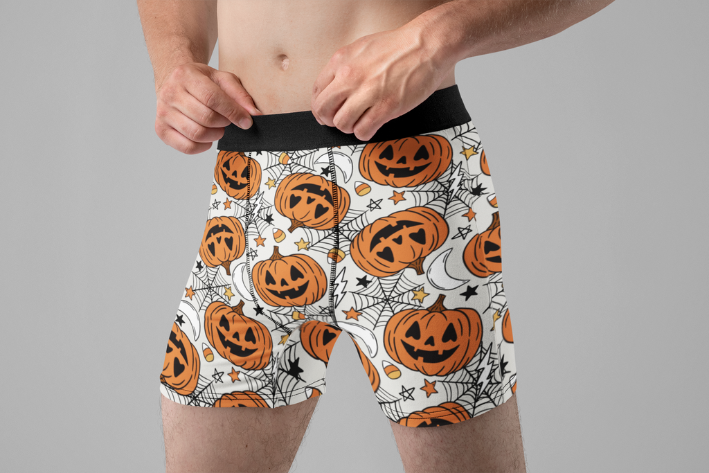Jack-O’-Lantern Men’s Halloween Boxer Briefs – White Pumpkin Underwear