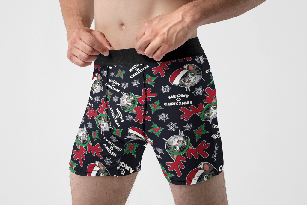Meowy Christmas Funny Cat Men’s Boxer Briefs – Holiday Cat Underwear