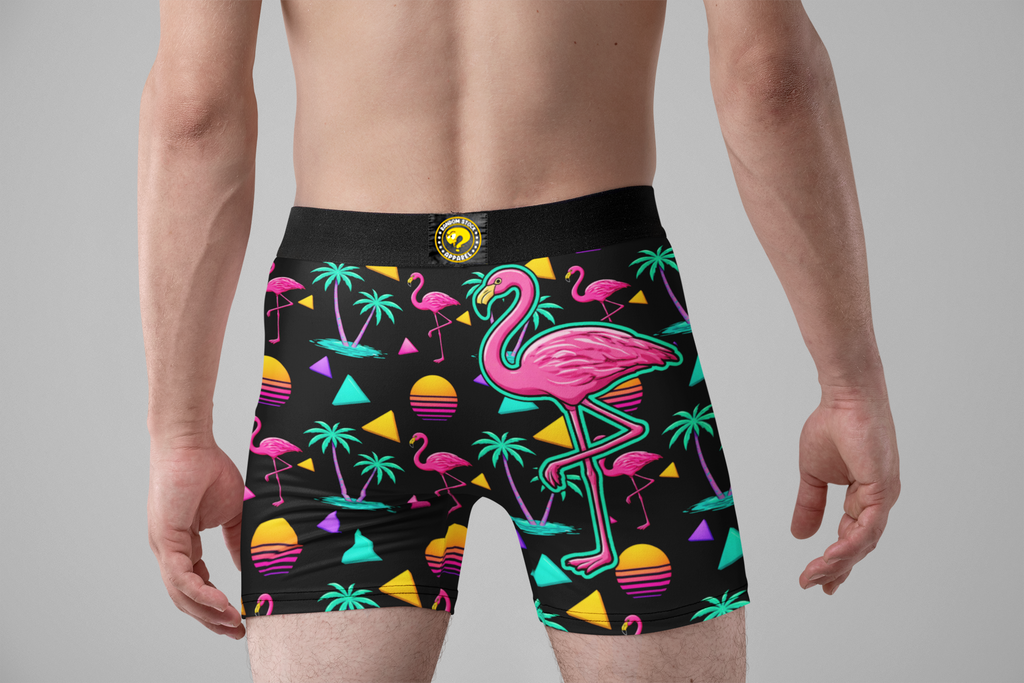 Neon Flamingo Men’s Boxer Briefs – Retro Tropical Underwear