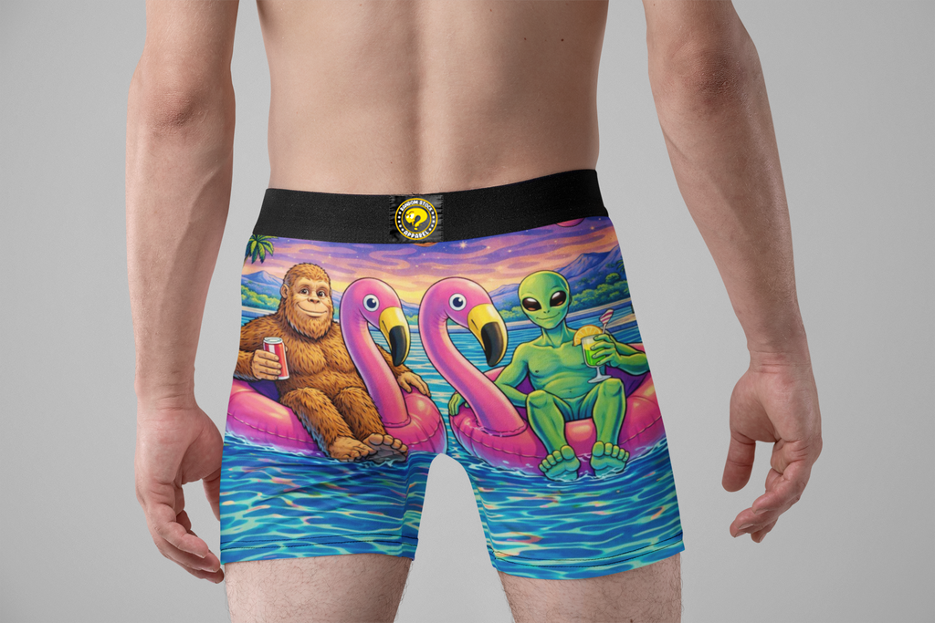 Bigfoot & Alien Pool Party Men’s Boxer Briefs – Funny Flamingo Underwear