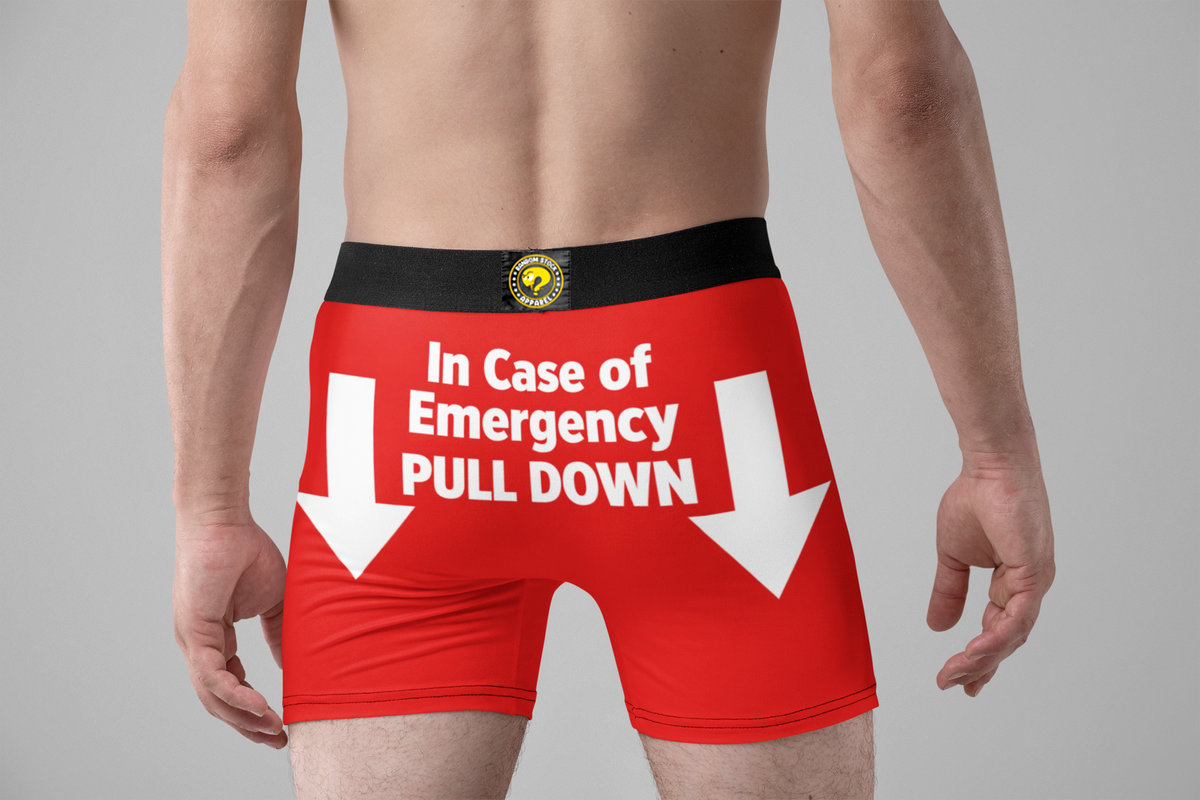 In Case of Emergency Pull Down Funny Men’s Boxer Briefs – Red Novelty Underwear