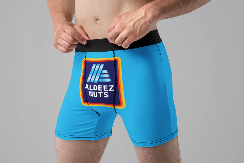 Aldeez Nuts Funny Men’s Boxer Briefs – Grocery Store Parody Underwear