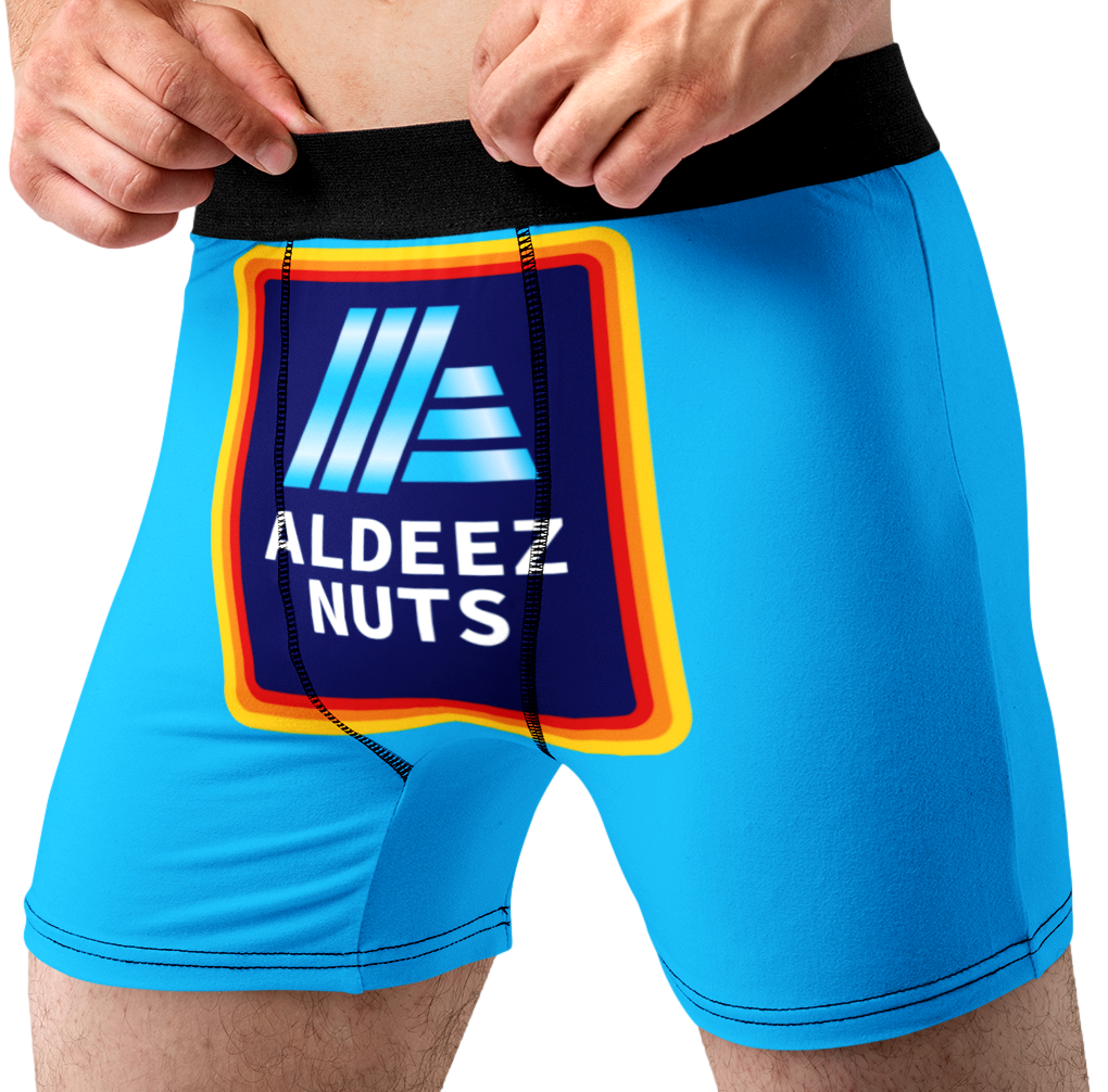 Aldeez Nuts Funny Men’s Boxer Briefs – Grocery Store Parody Underwear